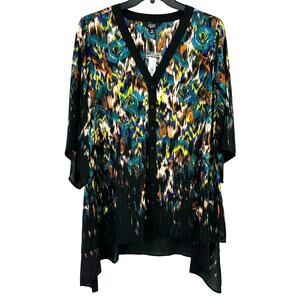 Slim Factor Investments Abstract Ikat Print Asymmetrical Tunic Shirt Plus Sz 2X